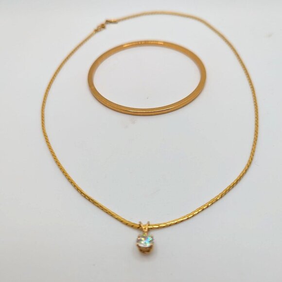 Monet Clear Crystal Rhinestone Pendant Chain Necklace Bracelet Set Gold Tone - Picture 1 of 9